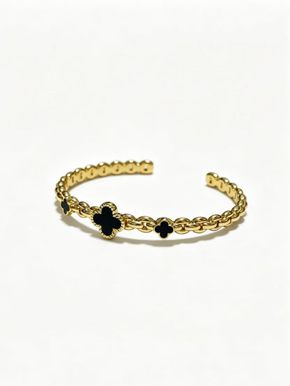 ¡®SpriteJewelry¡¯Vintage Alhambra 3‑Flower Open Cuff, Black Onyx Gold‑Tone Chain Bangle